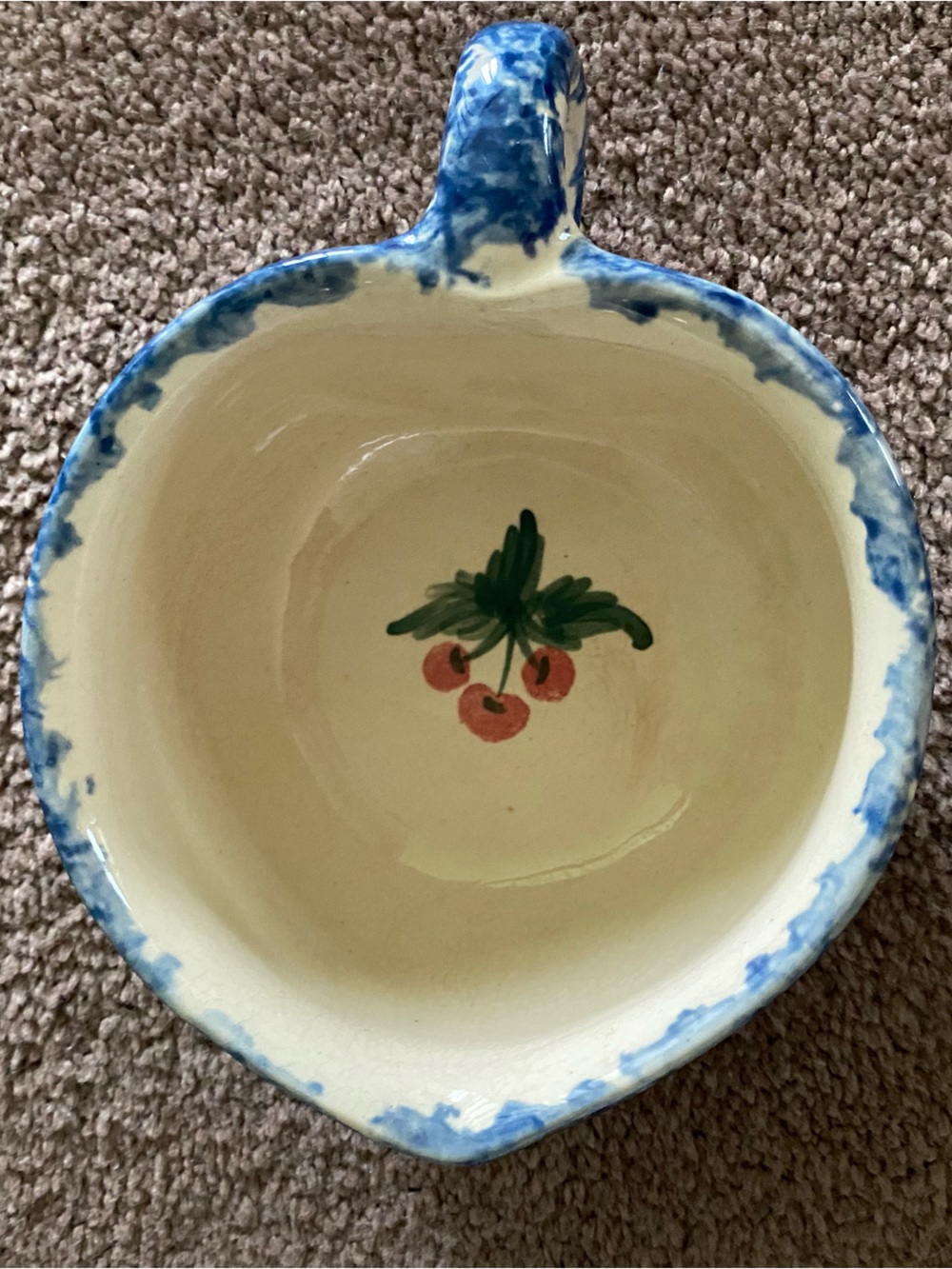 Stoneware Blue & White Sponged Chip and Dip Bowl with Cherry Motif. 1999-2000 - Picture 3 of 8